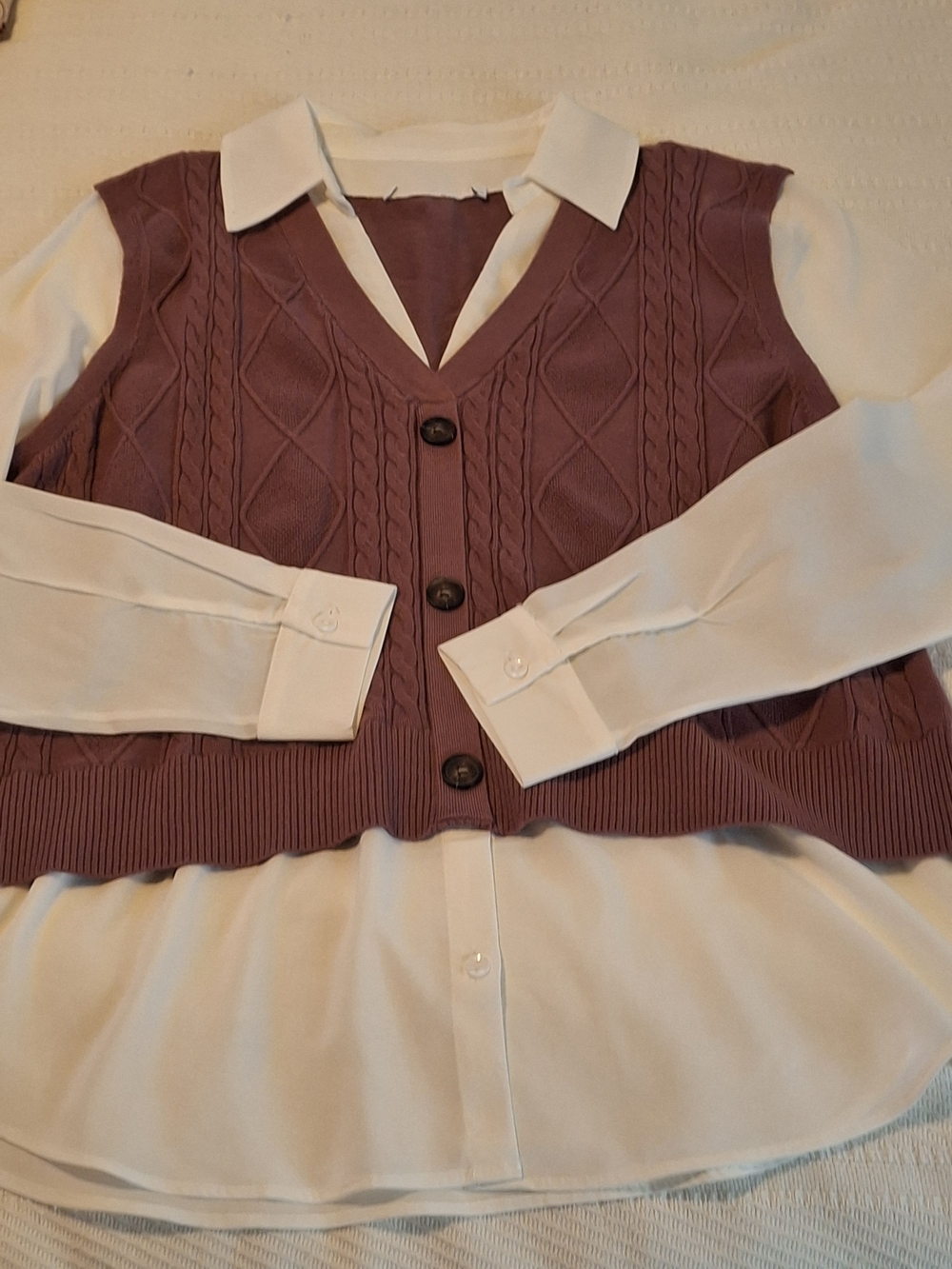 Women's Mauve Cable-Knit Button Vest with White Blouse Layered Look